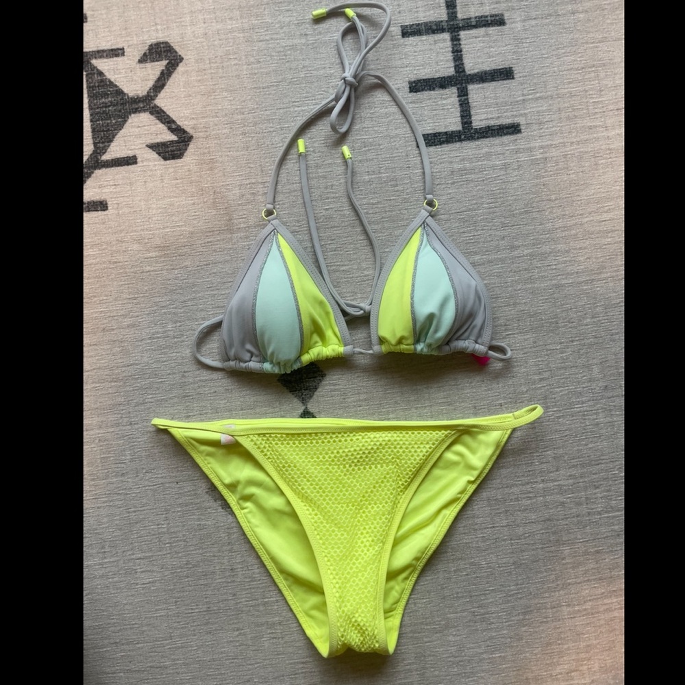 Victoria's Secret bikini- top and bottom, both medium. Neon yellow, aqua, grey